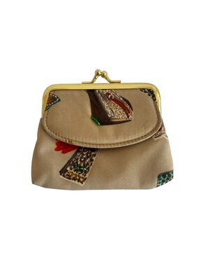 Small Kiss Lock Coin Purse Beaded Fabric Pouch Gold Tone Frame Cute Print